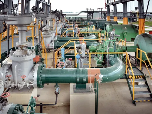 Pumping station. Green pipe.